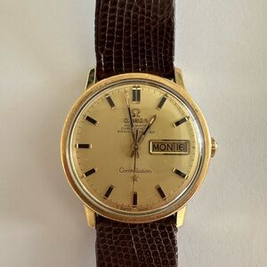 Omega Gold Watch with Brown Leather Strap